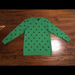 Green JCrew cashmere sweater with blue polka dots